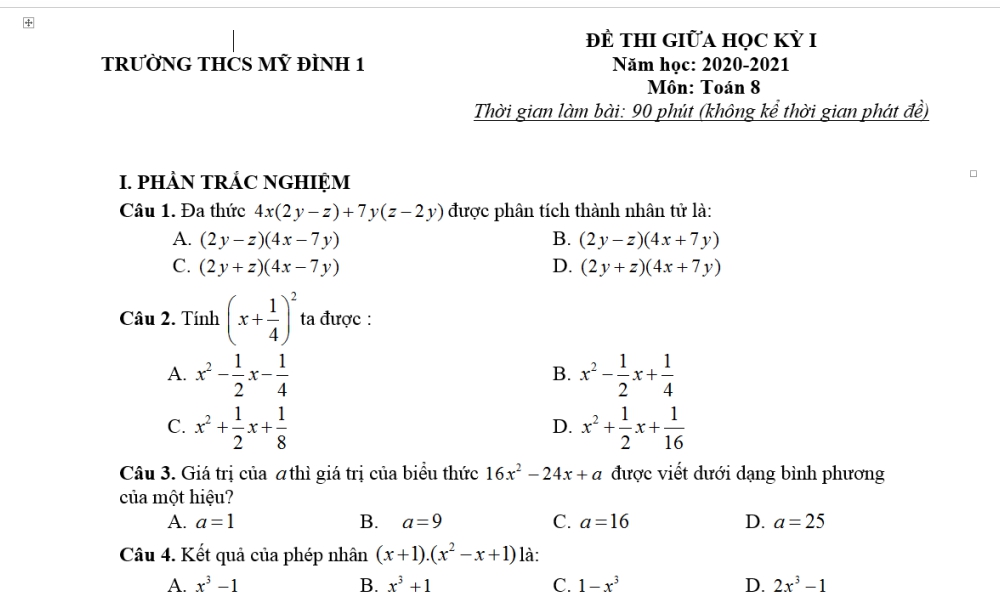 Toán 8: Đề kiểm tra giữa học kỳ 1. Trường THCS Mỹ Đình 1 năm học 2021-2022